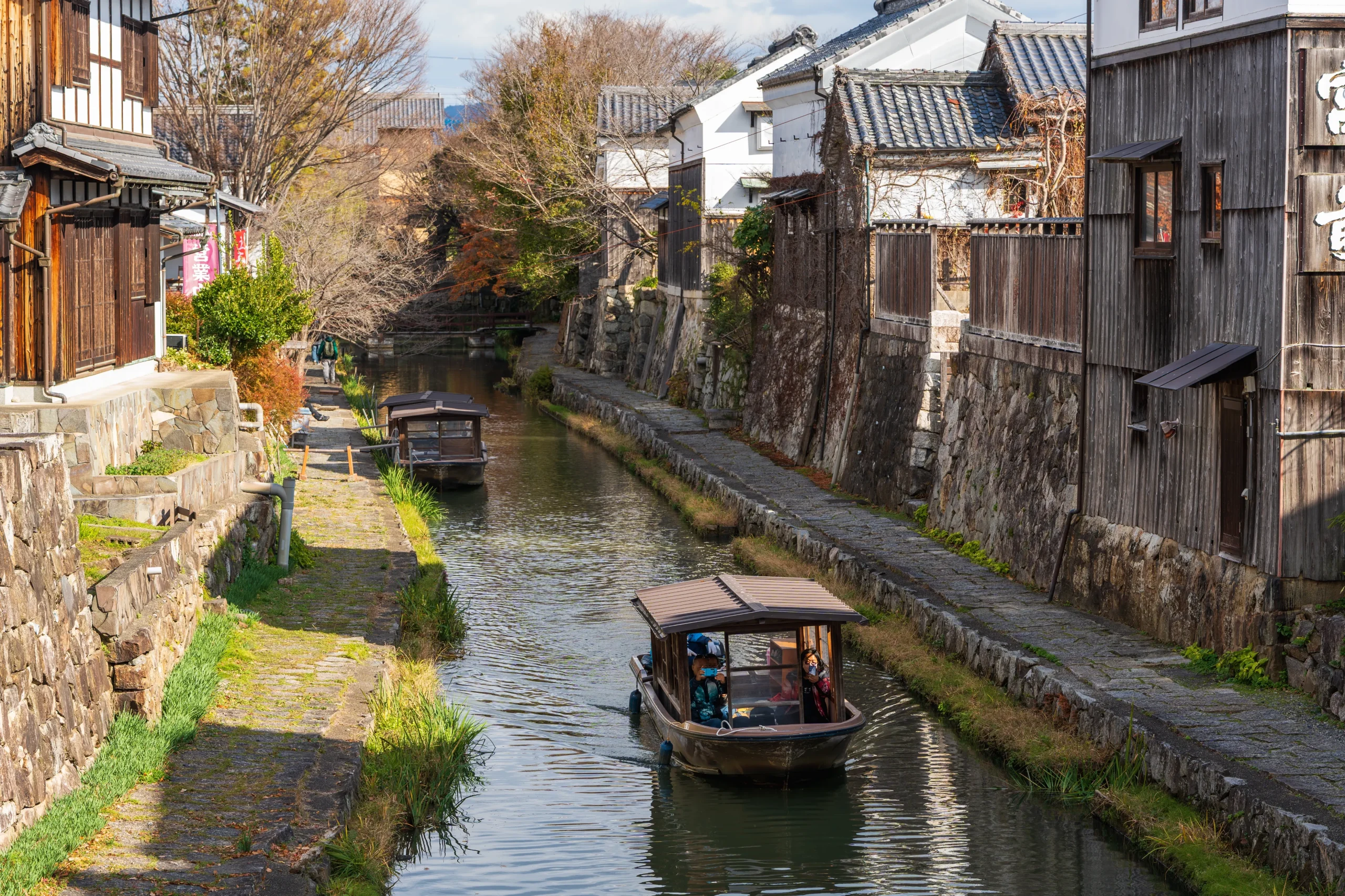 Traditional sightseeing boat on Hachimanbori Canal in Omihachiman