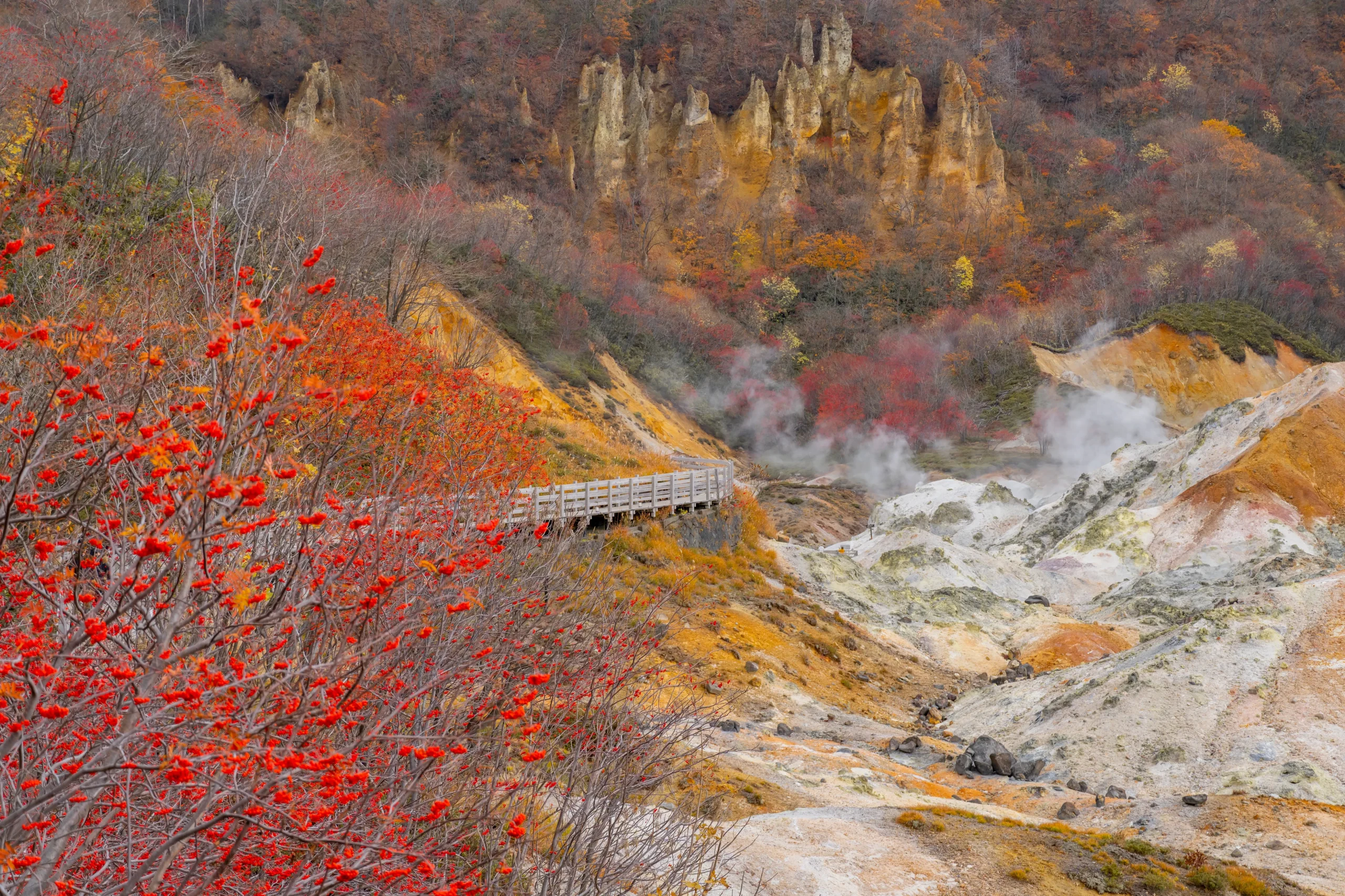 Noboribetsu Jigokudani volcanic valley surrounded by autumn foliage