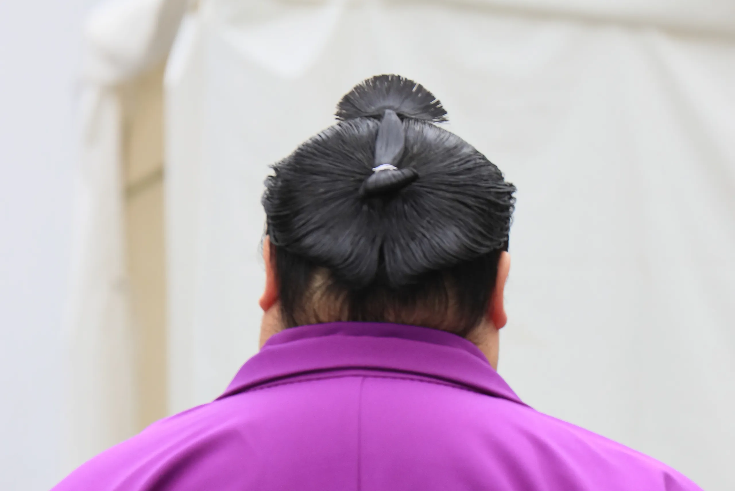 Rear view of a sumo wrestler, showing his back and traditional topknot.