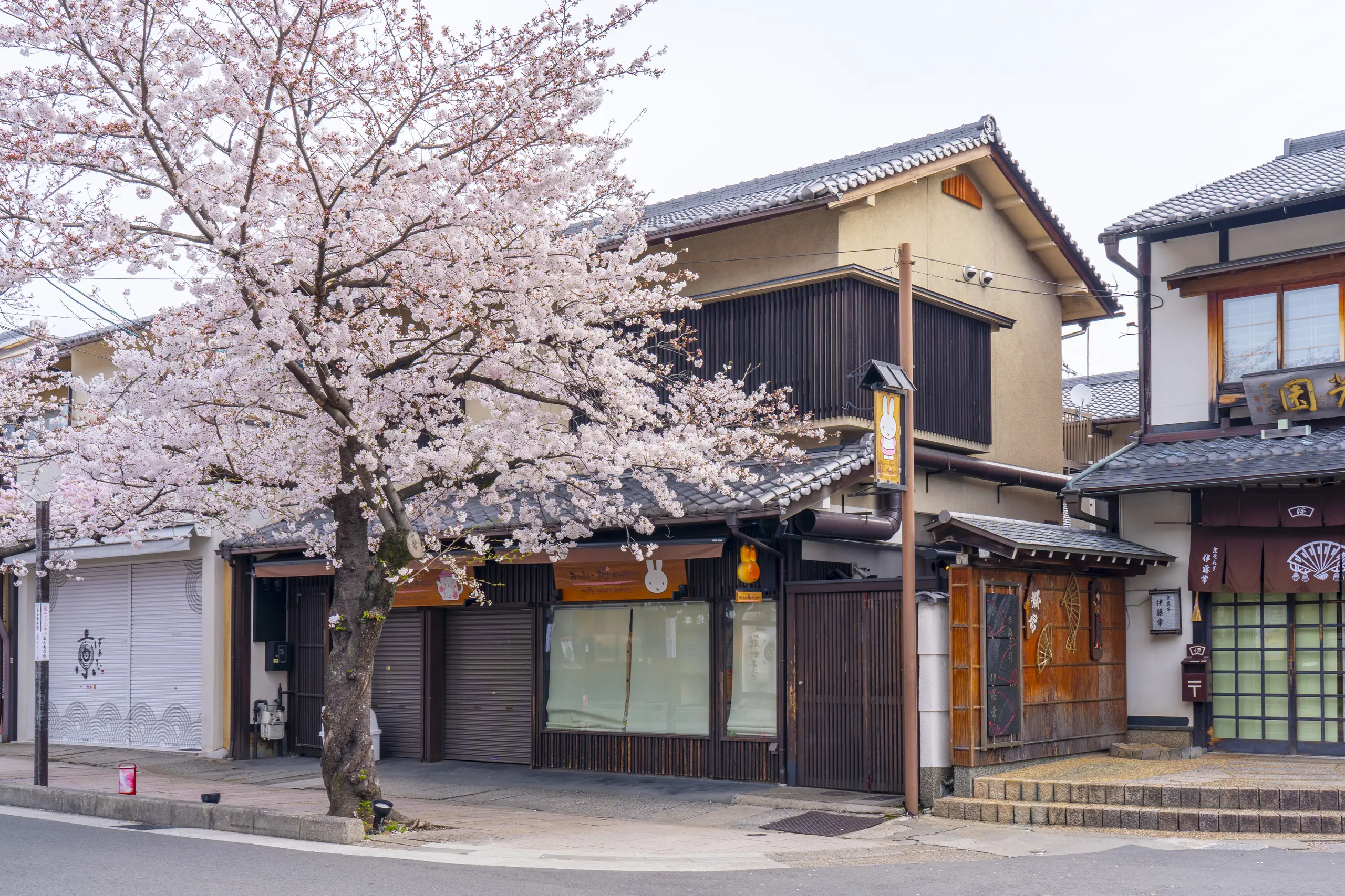 Shopfronts along Arashiyama's main shopping street in Kyoto.