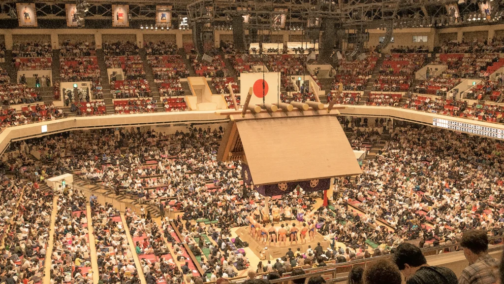Sumo wrestlers taking part in a ring-entering ceremony at Ryogoku Kokugikan