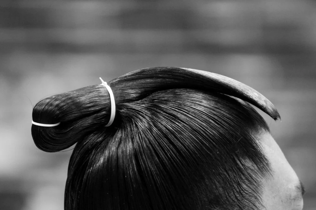 A professional sumo wrestler’s traditional topknot.
