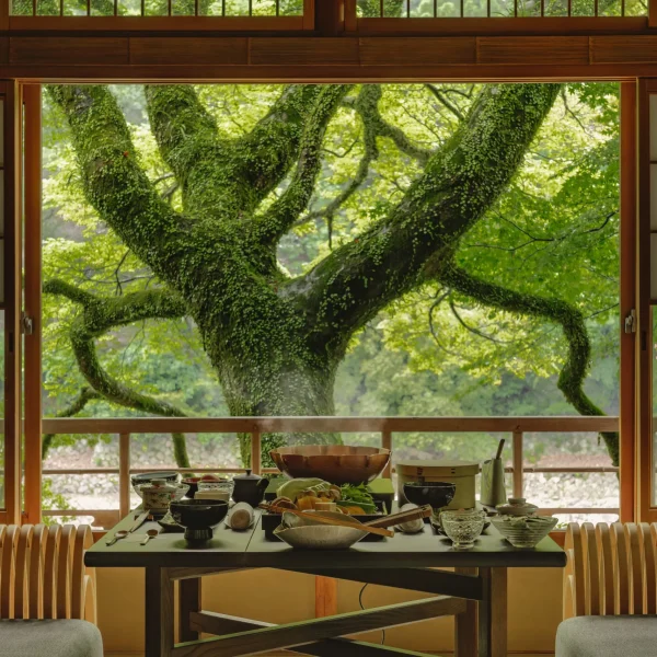 Traditional kaiseki meal served in a riverside room at HOSHINOYA Kyoto with a view of mossy trees.