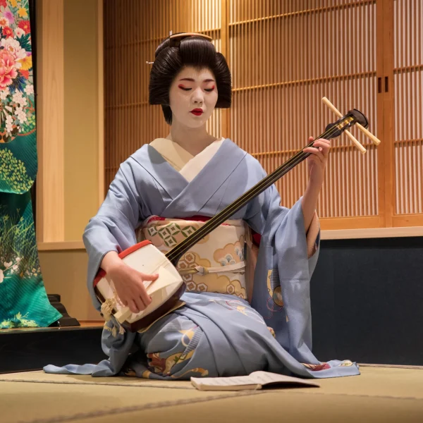 A geisha dressed in a light blue kimono gracefully plays the shamisen in a traditional Japanese tatami room with wooden interiors and a decorative fabric backdrop.