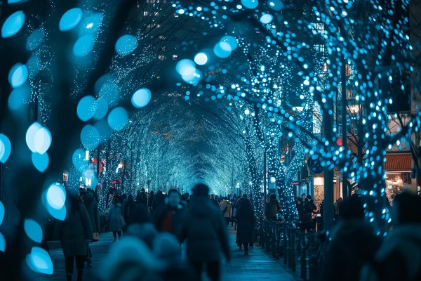 Blue winter illumination tunnel in Tokyo with glowing lights and evening crowds