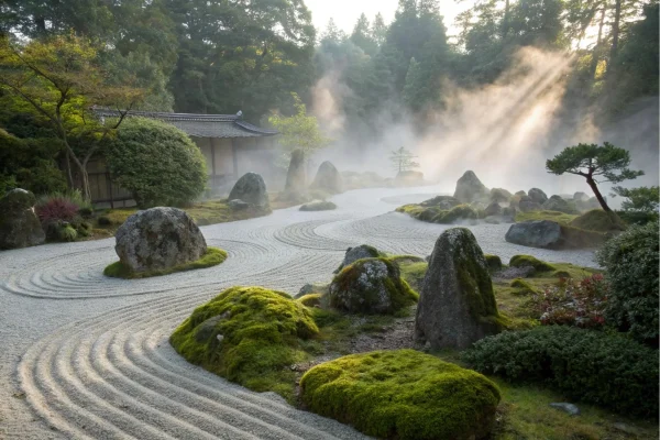 Traditional Japanese Zen garden with raked white gravel, moss-covered rocks, and morning mist creating a tranquil atmosphere
