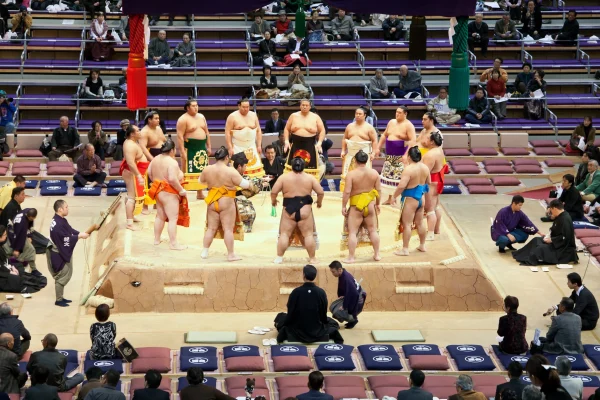 Sumo wrestlers performing the ring-entering ceremony at a Grand Sumo tournament in Fukuoka