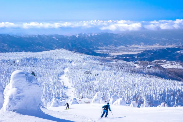 Skiers on the slopes of Mount Zao surrounded by "Snow Monsters" (ice-covered trees).