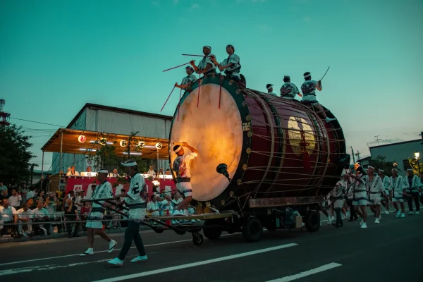 Huge taiko drum parade at Hirosaki Neputa Festival, Aomori, Japan