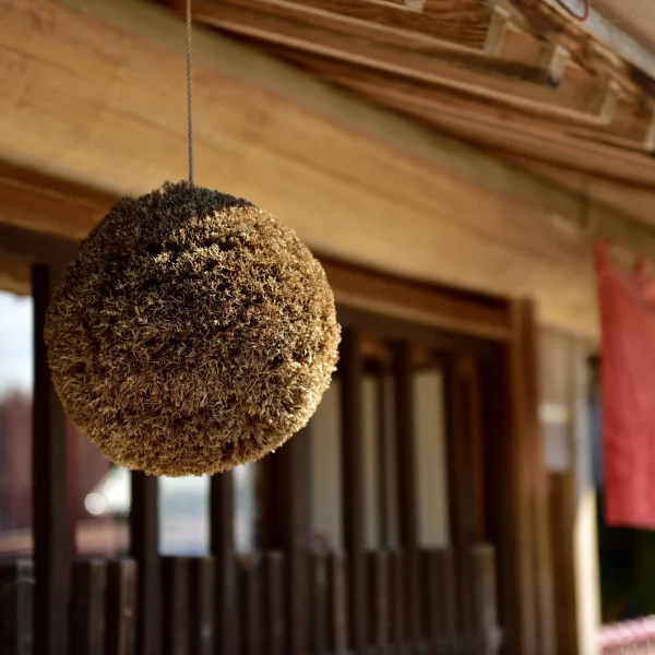 Sugidama cedar ball hanging outside a traditional Japanese sake brewery