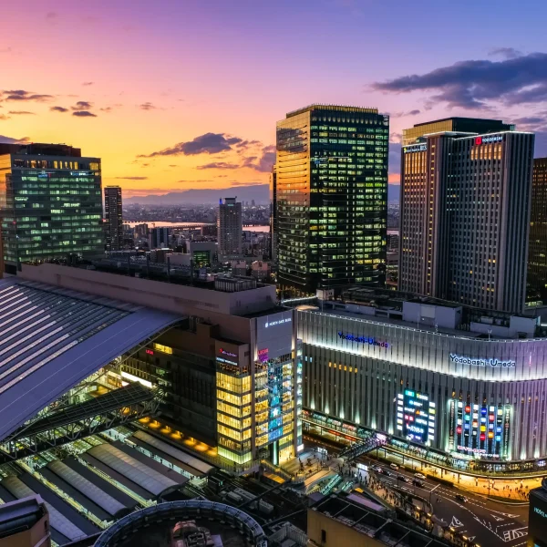 Umeda Osaka skyline at sunset featuring Osaka Station and Yodobashi camera